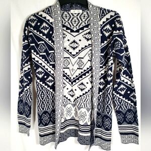 Pink Rose Navy and White Aztec Print Sweater Cardigan Sz S